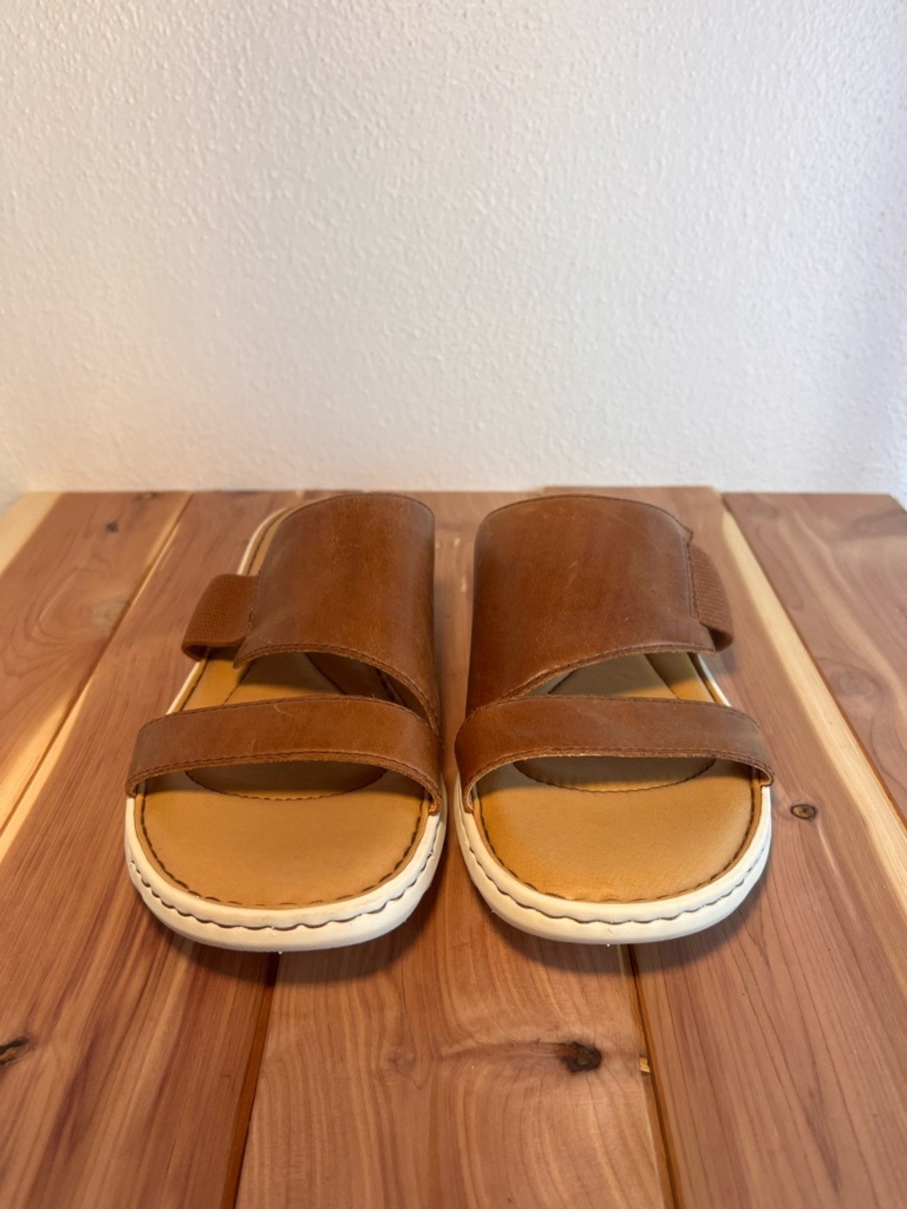 Born Tan Brown Leather Slide Sandals with White Outsole